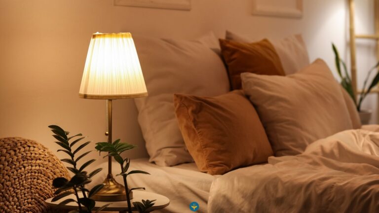 Ruhiges, aufgeräumtes Schlafzimmer in warmem Abendlicht als Ort zum Loslassen